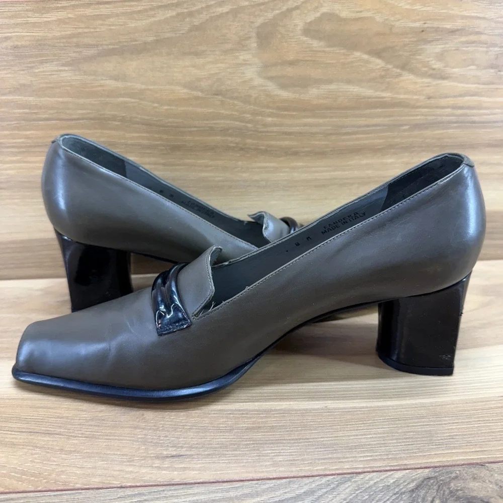 Bally Vintage 90's Pumps Fandera Olive 8 M Square Toe‎ Cap Toe Career Minimalist